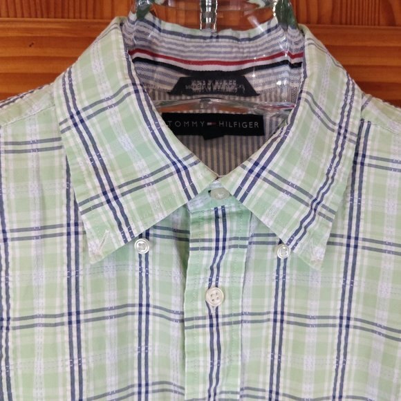 Tommy Hilfiger Plaid Shirt Large Green White Blue Cotton Button Down - Picture 5 of 6